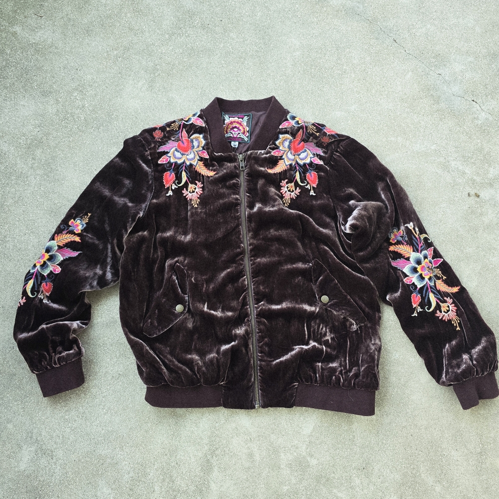Johnny Was Ioana Velvet Bomber Jacket with Floral Embroidery - Brown